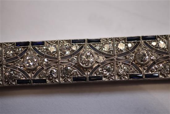 An attractive 1920s/1930s platinum, synthetic sapphire and diamond set bracelet, 7in.